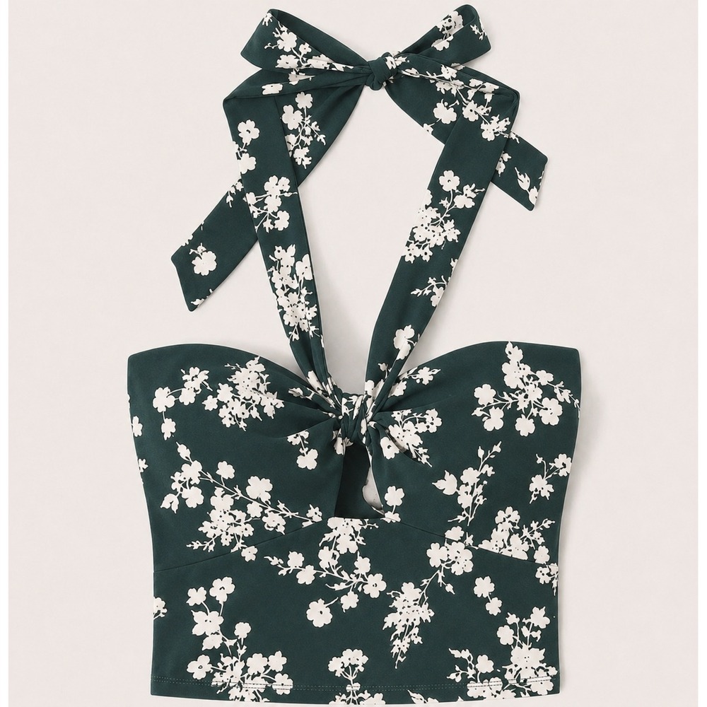 Abercrombie & Fitch Forest Green Floral Knot Front Tie Back Halter Crop Top XL